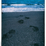 Footprints on Honokalani Black Sand Beach in Maui, Hawaii